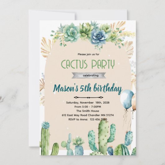 Blue flowers cactus desert invitation (Devant)