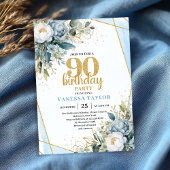Blue Flowers Gold Glitter 90th Birthday Invitation