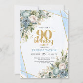 Blue Flowers Gold Glitter 90th Birthday Invitation (Devant)