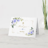 Blue Flowers Gold Glitter Cross Boy Baptisme Bedankkaart (Voorkant)
