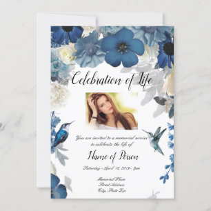 Blue Flowers Hummingbird Funeral Invitation Kaart