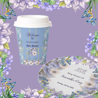Blue Flowers Hydrangea Paarse Lila Baby shower Papieren Bekers