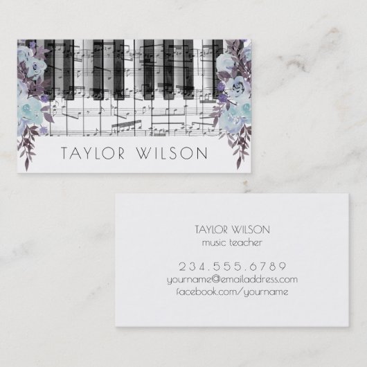 Blue Flowers keyboard muziekleraar Visitekaartje (Voorkant / Achterkant)