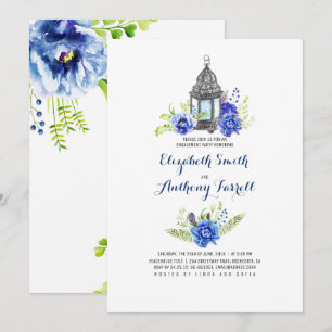 Blue Flowers Lantern Waterverf Engagement Party Kaart