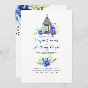 Blue Flowers  Lantern Waterverf Wedding Kaart