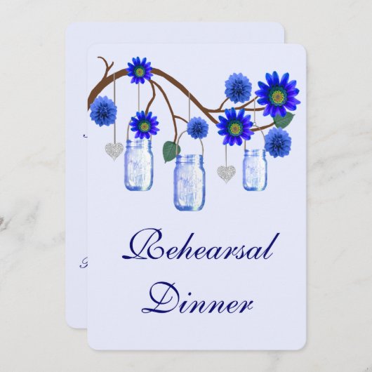 Blue Flowers Mason Jar Rehearsal Dinner Invitation Kaart (Voorkant / Achterkant)