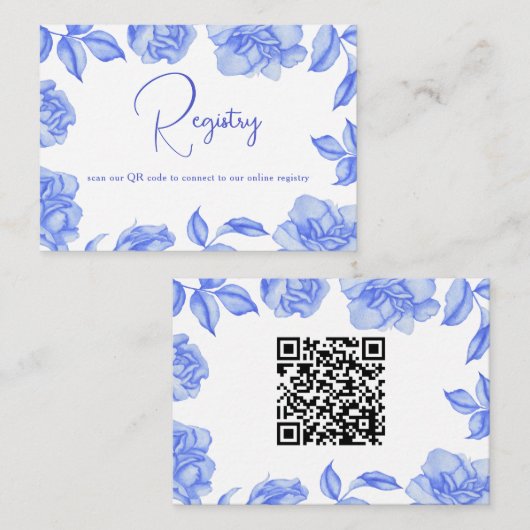 Blue Flowers - QR Code Bridal Shower Registry  Informatiekaartje (Voorkant / Achterkant)
