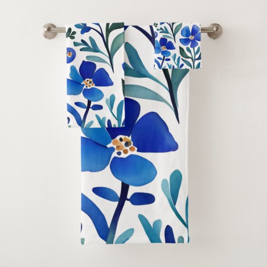 Blue Flowers Waterverf Kunstpatroon Bad Handdoek (Insitu)