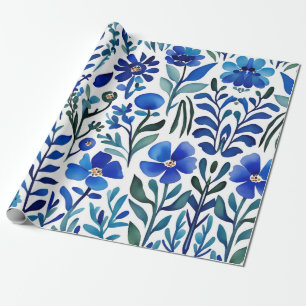 Blue Flowers Waterverf Kunstpatroon Cadeaupapier