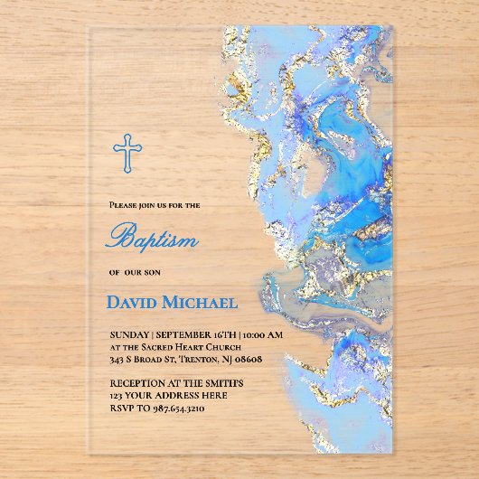 blue fluid marble Baptism acrylic invitation (Recto)