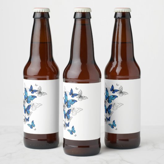 Blue Flying Butterflies Morpho Bier Etiket (Flessen)