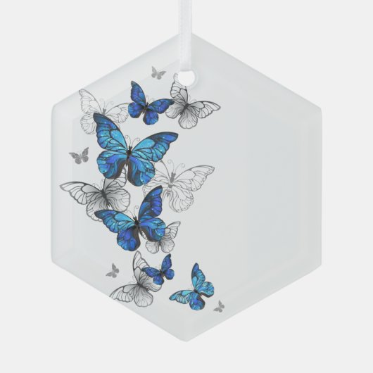 Blue Flying Butterflies Morpho Glas Ornament (Voorkant)