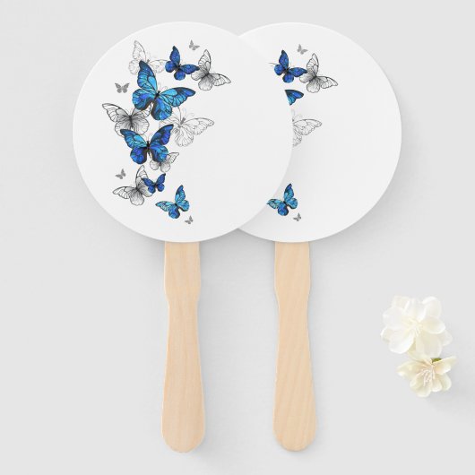 Blue Flying Butterflies Morpho Handwaaier (Voorkant en achterkant)
