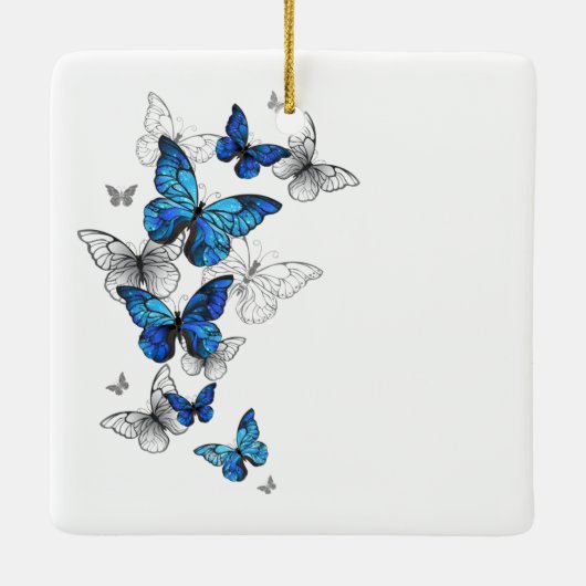 Blue Flying Butterflies Morpho Keramisch Ornament (Achterkant)