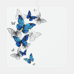 Blue Flying Butterflies Morpho Metalen Ornament