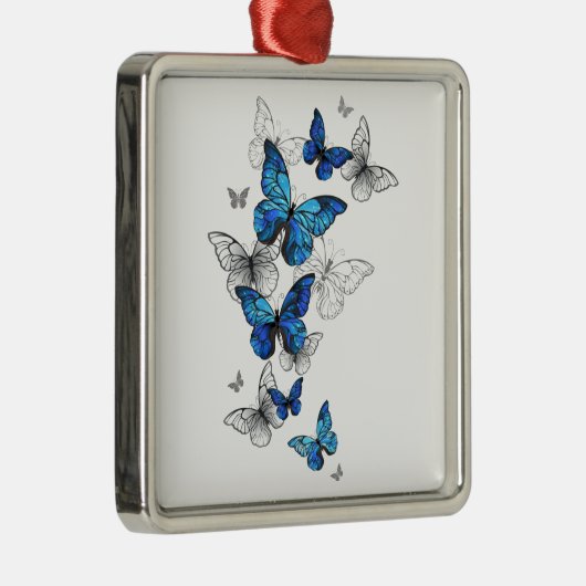 Blue Flying Butterflies Morpho Metalen Ornament (Rechts)