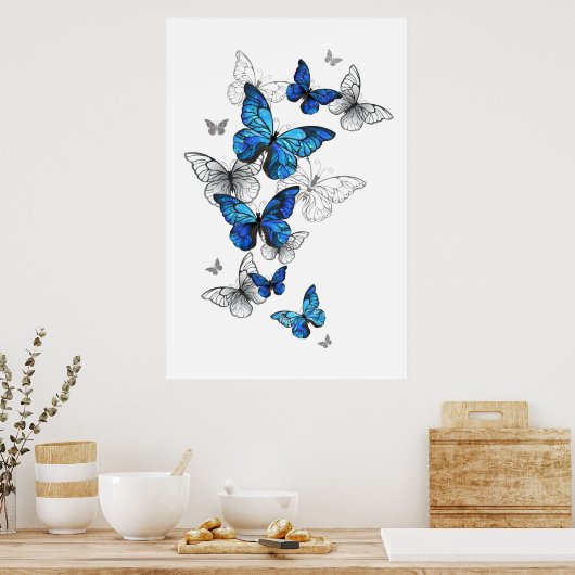 Blue Flying Butterflies Morpho Poster (Keuken)