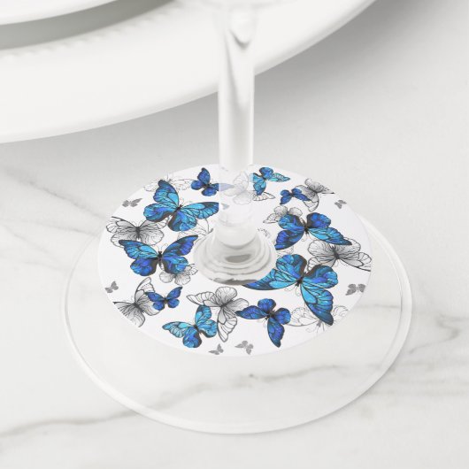 Blue Flying Butterflies Morpho Wijnglaslabel (Dichtbij)