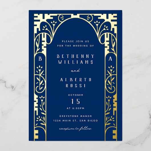 Blue Foil Art Nouveau Arch Foil Invitation (Recto)