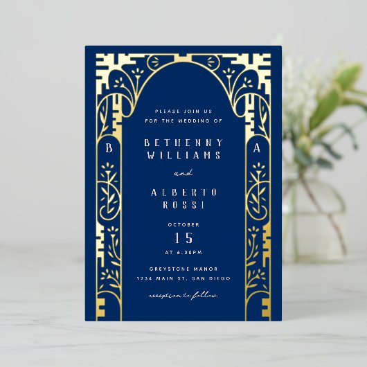 Blue Foil Art Nouveau Arch Foil Invitation (Debout devant)