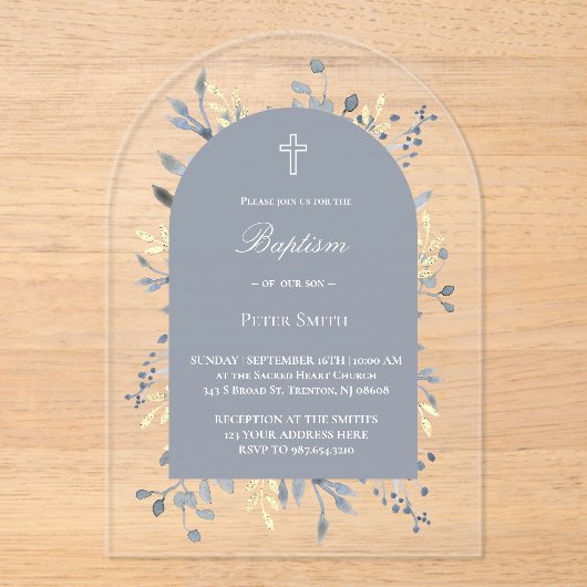 blue foliage Baptism Acrylic Invitation (Recto)