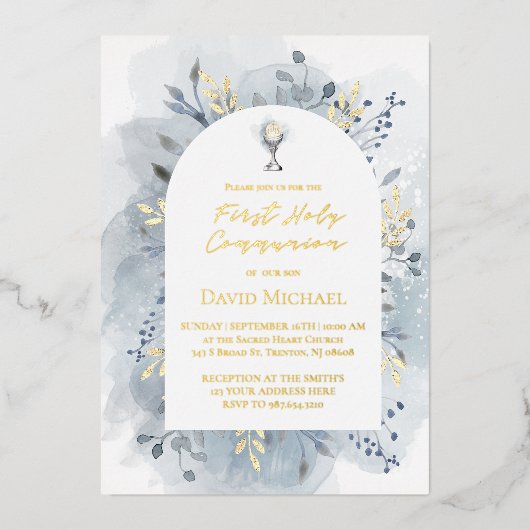 Blue foliage First Holy Communion Folie Uitnodiging (Voorkant)