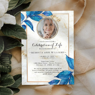 Blue Foliage Modern Photo Celebration of Life Kaart