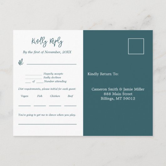 Blue Foliage Motif Mariage Menu Musique RSVP Card (Dos)