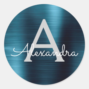 Blue Folie Girly Metallic Monogrammed Wedding Ronde Sticker