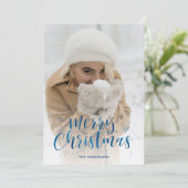 Blue Folie Script Sneeuwfotokerstkaarten Feestdagenkaart (Staand voorkant)