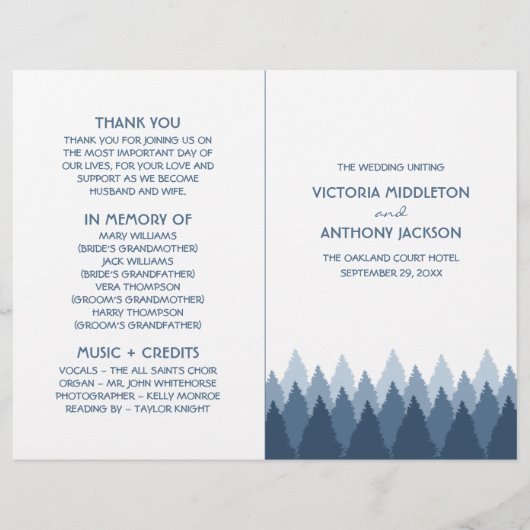 Blue Forest Range Woodland Wedding Programme (Devant)