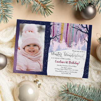 Blue Forest Winter Wonderland Girls Verjaardagsfot Kaart