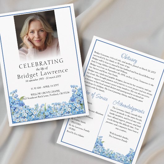 Blue Forget-me-not Pretty Memorial Service Funeral Programma