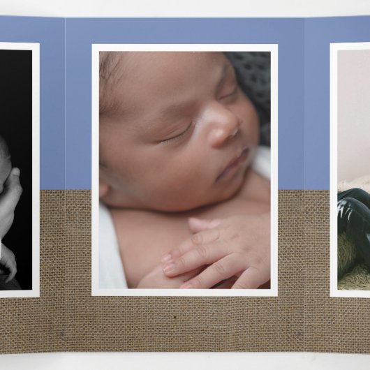 Blue Fox Burlap, 5 Photo Collage Baby Birth Drieluik Aankondiging (Binnenkant midden)