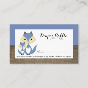 Blue Fox Burlap Baby shower Diaper Raffle Ticket Informatiekaartje