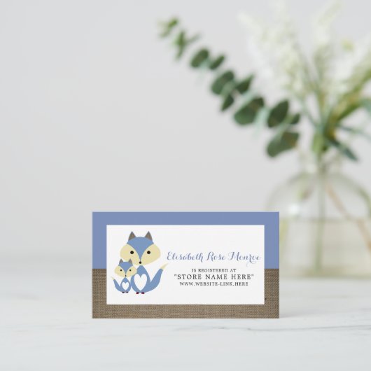 Blue Fox Burlap Baby shower Gift Registry Informatiekaartje (Staand voorkant)