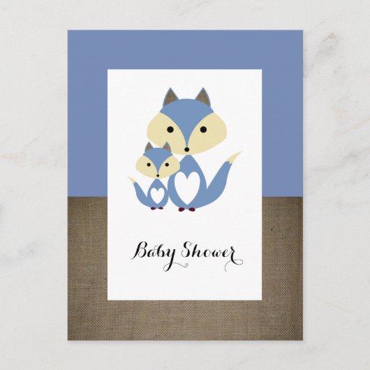 Blue Fox Burlap Baby shower Invitation Uitnodiging Briefkaart (Voorkant)