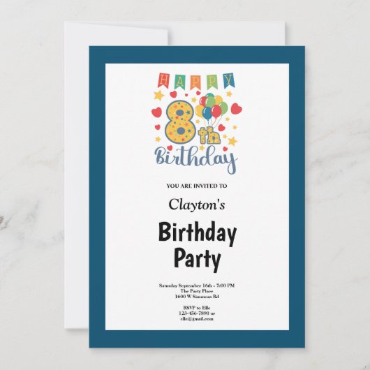 Blue Framed 8th Birthday Party Invitation Kaart (Voorkant)