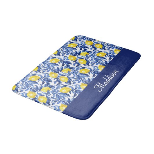 Blue French Country Lemon Pattern Monogram Name Badmat (Gekanteld)
