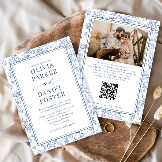 Blue French Floral Photo QR Code Toile Invitation