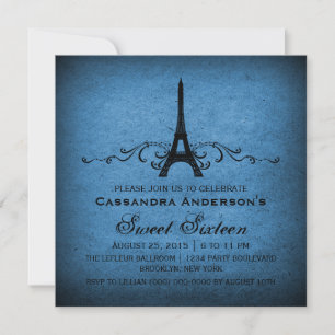 Blue French Flourish Sweet 16 Invite Kaart