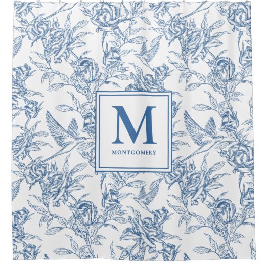 Blue French Toile Monogram Douchegordijn (Voorkant)