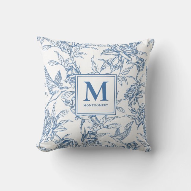 Blue French Toile Monogram Name Kussen (Voorkant)