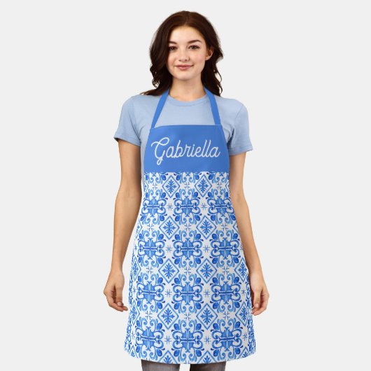 Blue French Toile Pattern Name Schort (Gedragen)