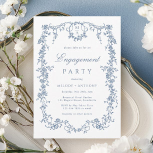 Blue French Victoriaans Floral Engagement Party Kaart