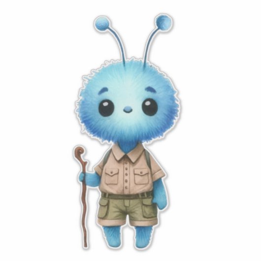 Blue Fuzzy Alien Hiker Sticker (Voorkant)