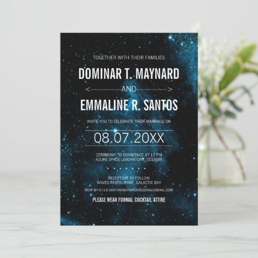 Blue Galaxy bruiloft uitnodiging (Staand voorkant)
