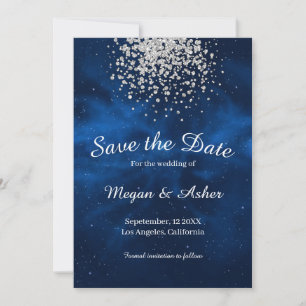 Blue Galaxy Night Sky met Silver Confetti Save The Date