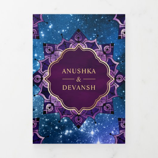 Blue Galaxy Paars Mandala QR Code Indian Wedding Drieluik Uitnodiging (Cover)