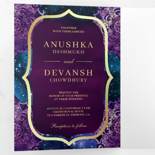 Blue Galaxy Paars Mandala QR Code Indian Wedding Drieluik Uitnodiging (Binnenzijde eerst)